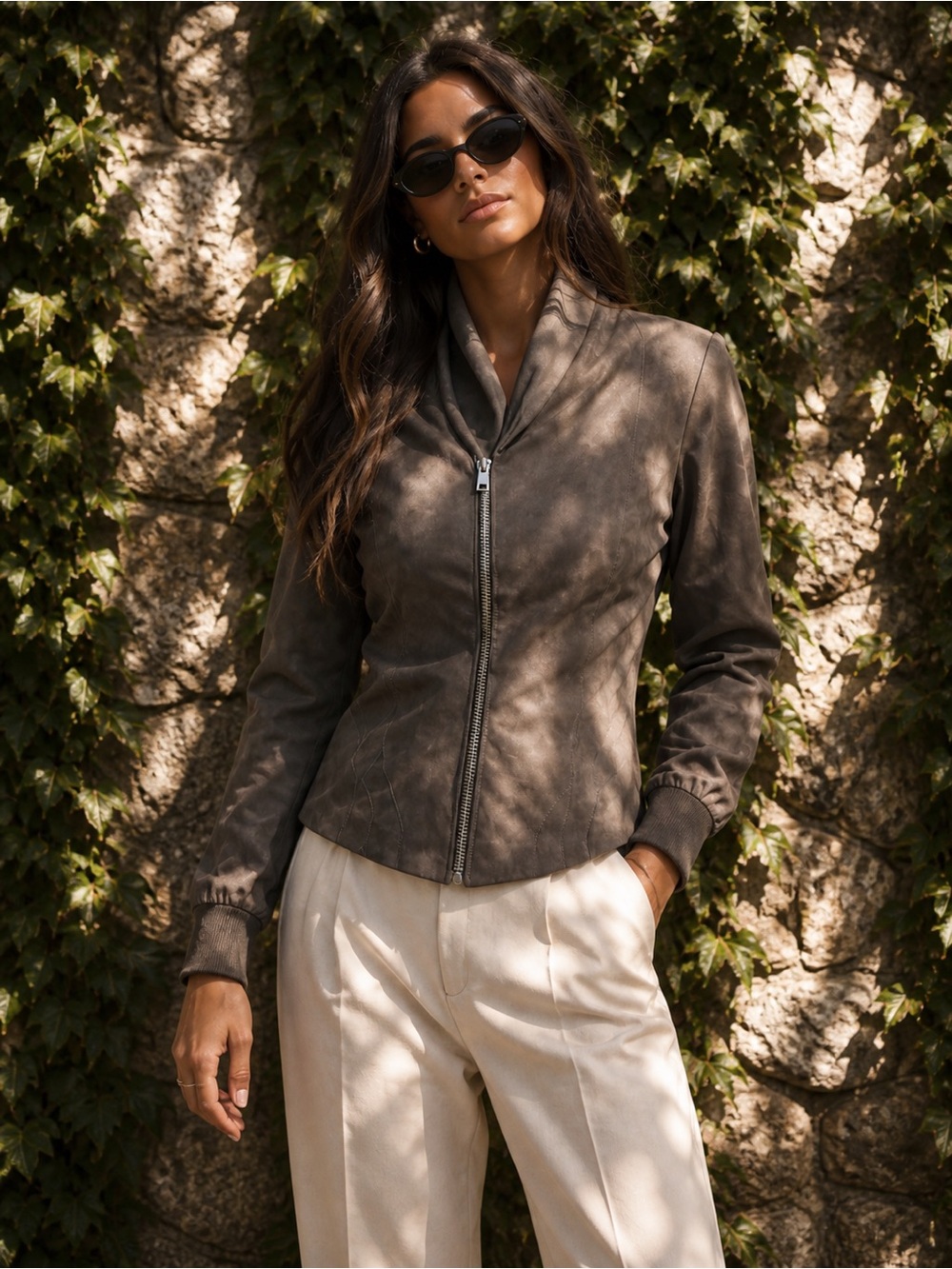 RICK OWENS Max-Style Lamb Leather Distressed Leather Moto Jacket in Dust, 48/14